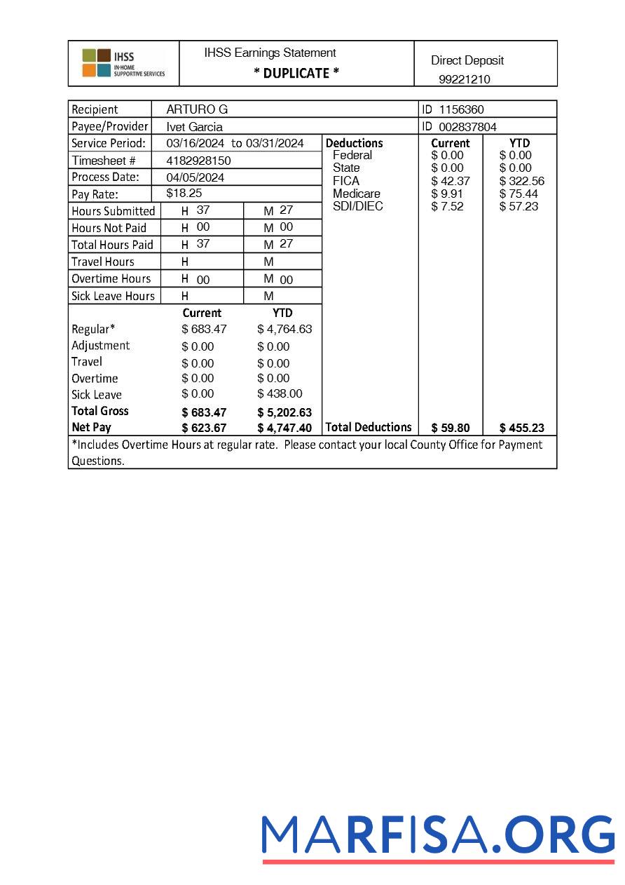 Realistic IHSS In Home Supportive Services earnings statement real example